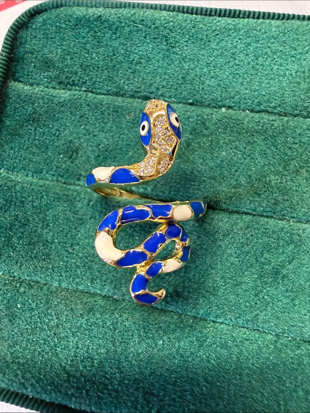 Blue & White Enamel Snake Wrap Ring size 8